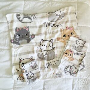 Kassafina 3 Piece towel set cat Kitten Striped meow pattern Rosey Cheeks Bow NWT